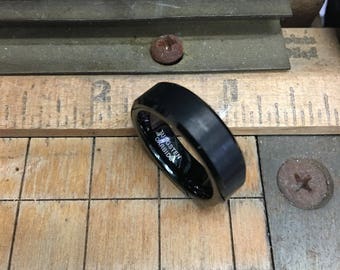 Custom Engraving - Men Or Ladies 8mm Tungsten Carbide Beveled With Black  Plating Matte finnish Center Wedding Band Ring