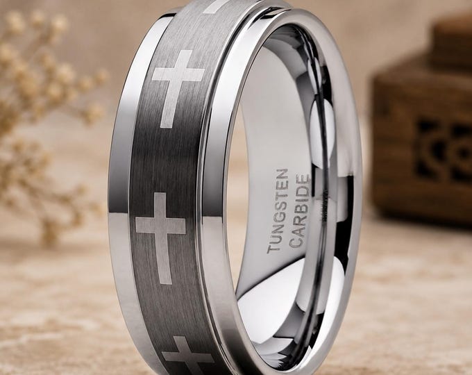 Custom Christian Cross Tungsten Ring, Brushed Finish Wedding Band, Promise Ring, Durable Comfort Fit Religious Gift, Engraved Faith Jewelry