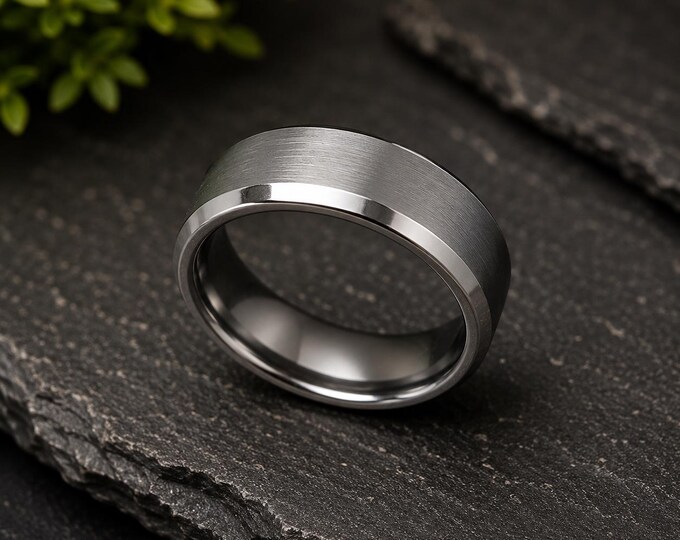 Custom Engraved Tungsten Ring 8mm, Brushed Beveled Wedding Band, Personalized Men’s Tungsten Carbide Ring, Modern Anniversary Gift