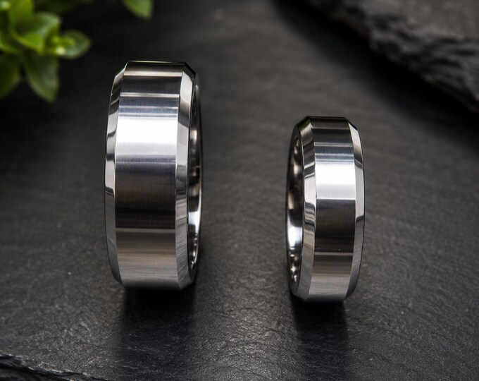 Engraved Tungsten Wedding Band for Couples, Custom Laser Etched Carbide Ring, Beveled Edge Men's Ring, Modern Durable Wedding Jewelry