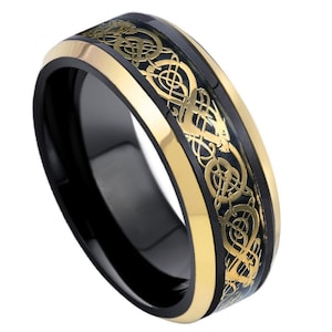 Personalized Engraving - 8mm Tungsten Carbide Dragon Celtic Black Yellow Gold | Engagement Anniversary | Wedding Band Ring for Men Or Women
