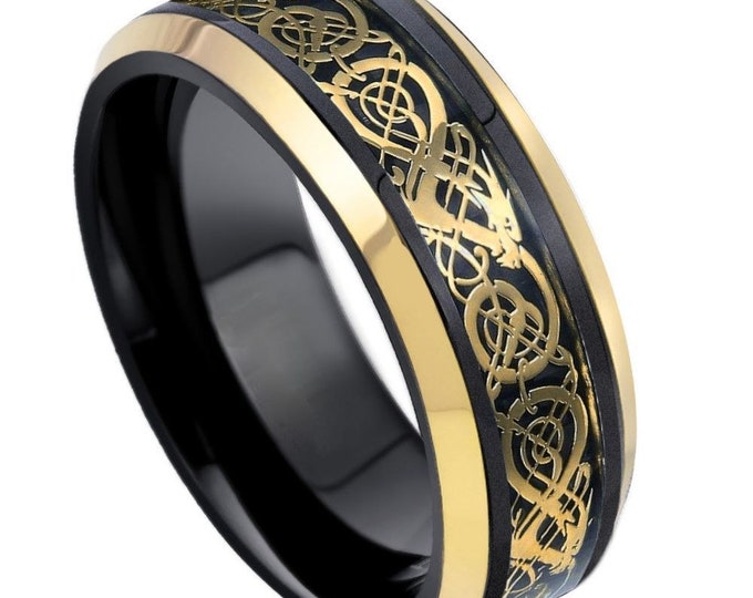 Personalized Engraving - 8mm Tungsten Carbide Dragon Celtic Black Yellow Gold | Engagement Anniversary | Wedding Band Ring for Men Or Women
