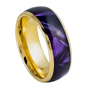 Free Personalized laser engraving Ring for Men and Women Yellow Gold IP Plated with Imitation Purple Cowrie Inlay Wedding Band Ring