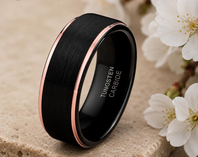 Rose Gold Tungsten Carbide Ring, Custom Laser Engraved Wedding Band, Beveled Edge Design, Personalized Groom Ring, Promise Jewelry Gift