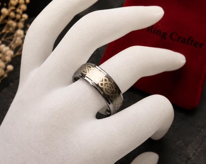 Celtic Knot Tungsten Wedding Band for Couple, Custom Engraved Ring, Irish Knot Design, Durable Carbide Anniversary Ring, Unique Groom Gift