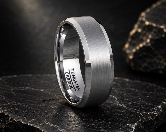 Personalized Tungsten Carbide Wedding Band, Custom Engraved Ring, Brushed Center Beveled Edge Ring, Comfort Fit His & Hers Promise Band