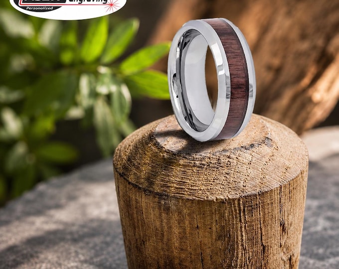 Personalized Tungsten Carbide Ring with Wood Inlay, Custom Engraved Wedding Band, Rustic Wooden Inlay Promise Ring, Unique Gift for Couples