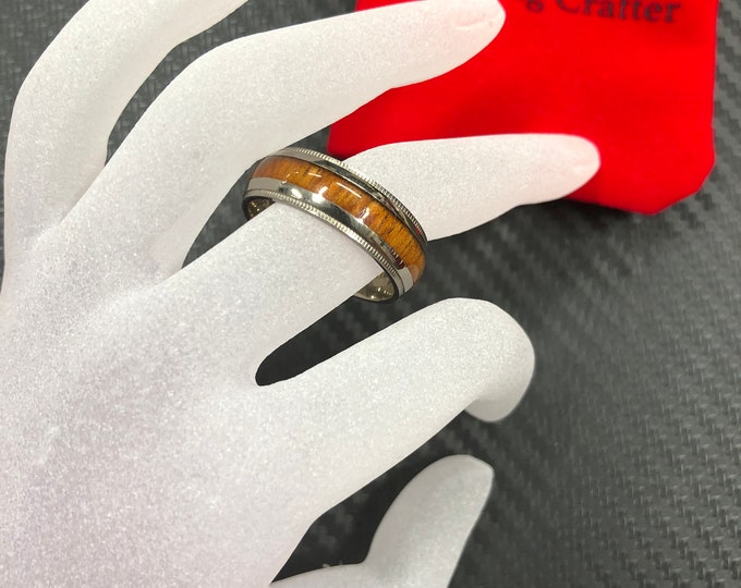 Custom Engraved Titanium Wedding Ring, 8mm Domed Band with Hawaiian Koa Wood Inlay & Migraine Edge, Unisex Style Unique Gift for Him or Her