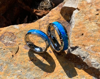 Custom 8mm or 6mm Dainty Ring, Hawaiian Blue Opal Tungsten Ring Set, Matching Wedding Bands, Men’s & Women’s Engagement Anniversary Jewelry