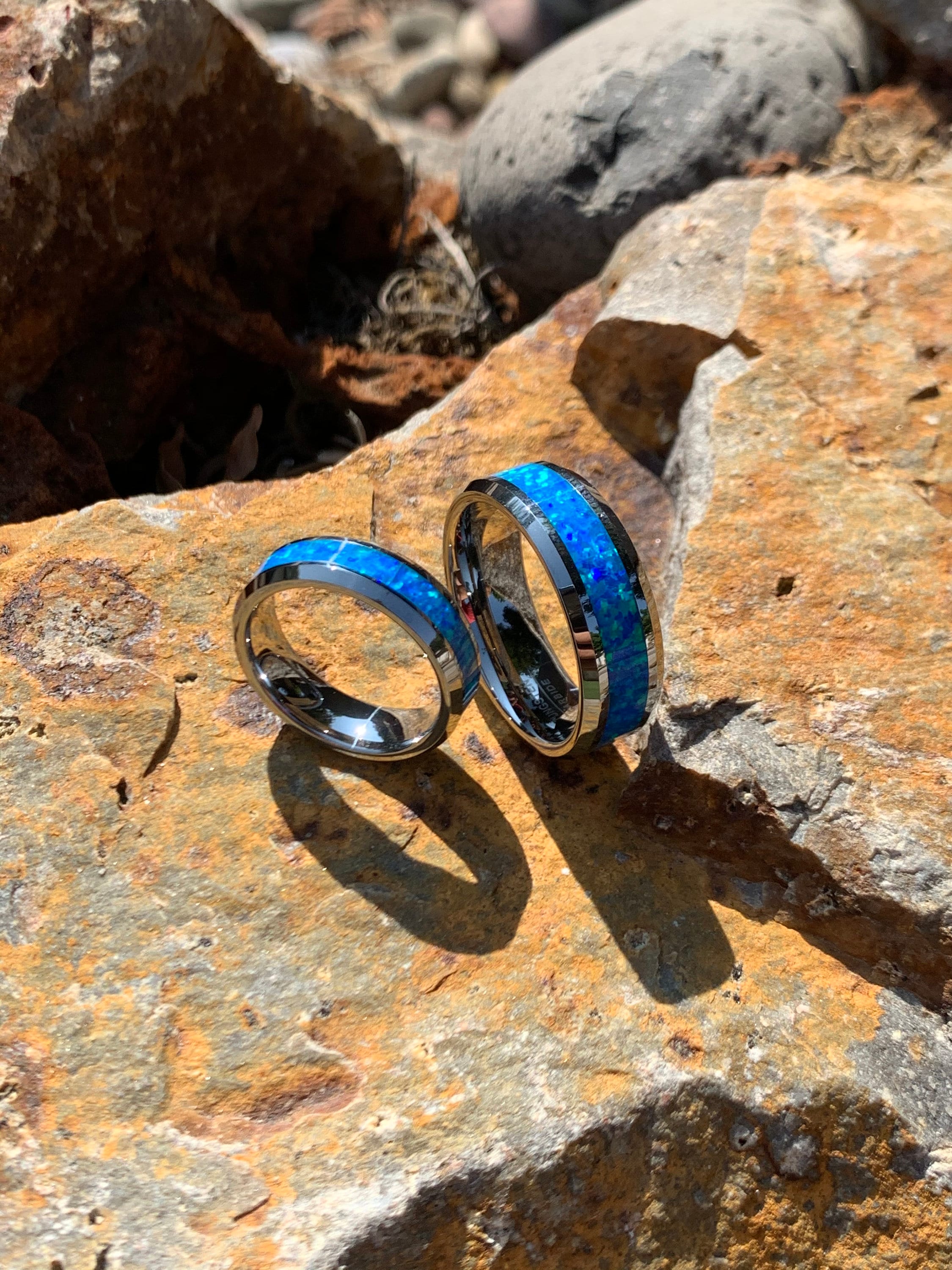 Hawaiian Opal Ring Ocean Blue Opal Wedding Band Custom Engraved 8mm Ring Brushed Tungsten Band Opal Engagement Ring