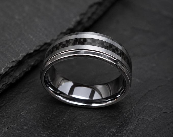 Personalized Black Carbon Fiber Tungsten Ring, Custom Engraved Wedding Band, Durable Carbide Ring, Modern Couple Gift, 8mm Statement Ring