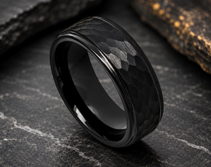 Personalized Hammered Black Tungsten Carbide Ring, Rustic Wedding Band, Custom Engraved Ring, Unique Groom Gift, Handmade Anniversary Ring