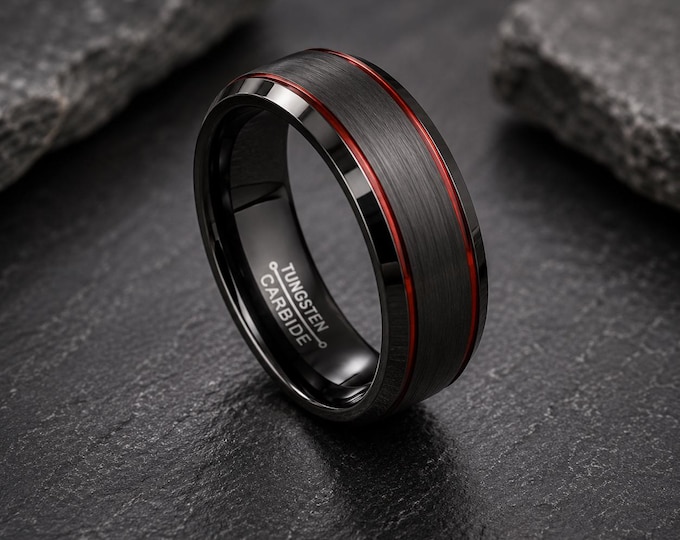 Red Tungsten Wedding Band 8mm, Black Tungsten Ring, Custom Engraved Wedding Ring, Comfort Fit Anniversary Band, Personalized Promise Ring