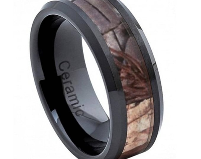 Custom Engraving - 8mm Black Ceramic Beveled Edge with Forest Hunter Camo Inlay Wedding Band Ring for Men