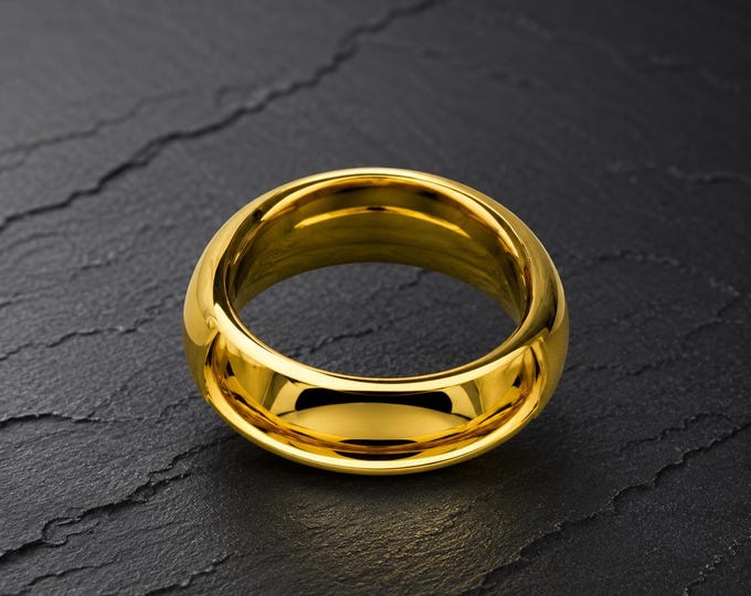 Personalized Gold Tungsten Wedding Band, 8mm Comfort Fit Ring, Laser Engraved Custom Anniversary Bridal Ring, Promise Gold Tone Durable Ring