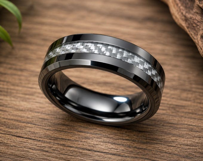 Modern Tungsten Carbide Ring with Carbon Fiber Inlay, 6mm Wedding Band Jewelry, Personalized Engraving Ring, Unique Groom Jewelry Gift
