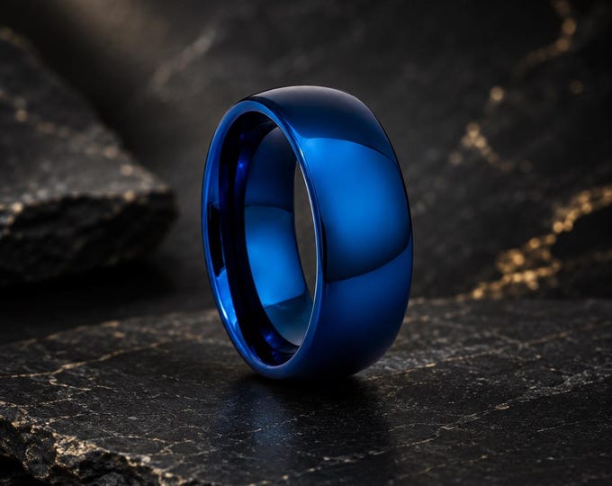 Custom Personalized Anniversary Gift, Engraved Tungsten Carbide Blue Wedding Band, Shiny Matching Couple Ring, His and Hers Promise Ring