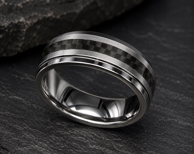 Custom Engraved Tungsten Carbide Ring with Black Carbon Fiber Inlay, Personalized Wedding Band, Modern Couples Ring, Unique Anniversary Gift