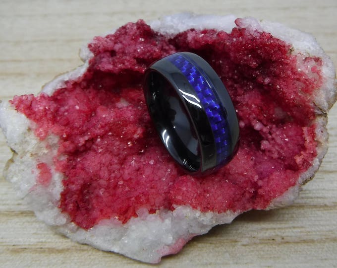 Personalized 8mm Black Ceramic Ring with Blue Camo Inlay, Custom Engraved Beveled Edge Wedding Band, Durable & Stylish Unique Men's Gift