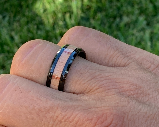 Personalized Engraving 8mm Black Carbide Beveled Edge With  KOA Wood Inlay | Engagement Anniversary | Wedding Band Ring for Men Or Women