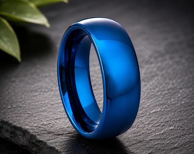 Personalized 8mm Blue Tungsten Carbide Wedding Band, Custom Laser Engraved Ring, Men's Promise Ring, Comfort Fit Anniversary Wedding Jewelry