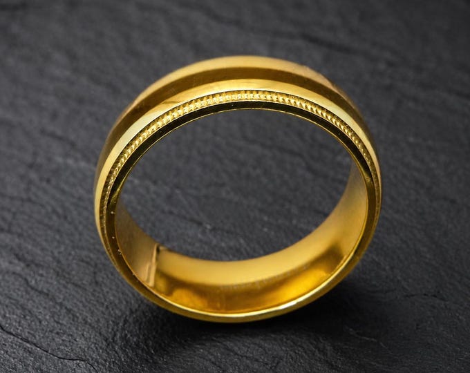Personalized Gold-Plated Titanium Koa Wood Ring, Millgrain Edge Wedding Band, Custom Engraved Promise Ring, Comfort Fit Anniversary Gift
