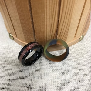 Custom Engraved Black Ceramic Camo Wedding Band Ring + Silicone Ring