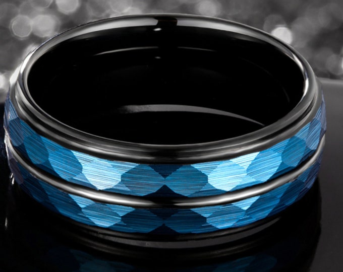 Custom Engraved Black & Blue Tungsten Ring, Two-Tone 8mm Diagonal Groove Band, Scratch Resistant Men’s Wedding Ring, Modern Men's Ring