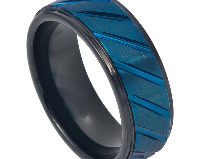 Custom Engraving - 8MM Men's Black Prussian Blue Tungsten Wedding Band Ring