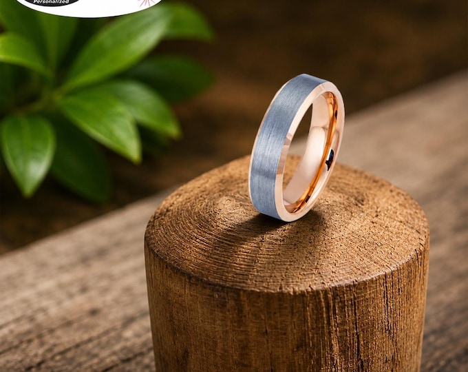 Custom Engraved 6mm Tungsten Ring, Rose Gold & Gunmetal Wedding Band, Personalized His and Hers Promise Ring, Comfort Fit Anniversary Gift