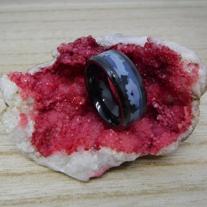 Custom Engraving 8mm Black Ceramic Beveled With Blue Camo Center Inlay Wedding Band Ring for Men Or Women