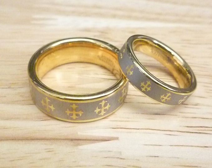 Tungsten Wedding Band Set, 8mm & 5mm Gold Plated Rings with Celtic Cross Design, Custom Engraved Ring, Unique Couples Gift or Promise Ring