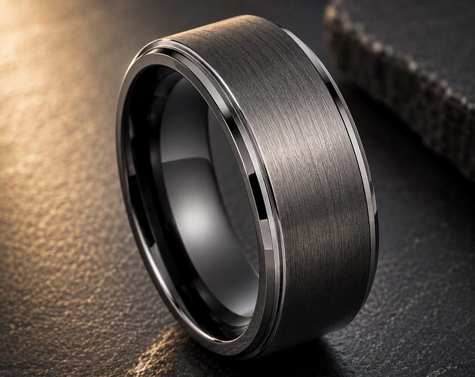 Custom Engraved 8mm Ring, Gun Metal Tungsten Carbide Wedding Band, Personalized Men's Ring, Brushed Comfort Fit Promise Engagement Ring