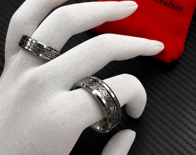 Personalized His & Hers Celtic Dragon Tungsten Wedding Ring Set, Carbon Fiber Inlay Custom Engraved Matching Bands, Comfort Fit Gift Couples