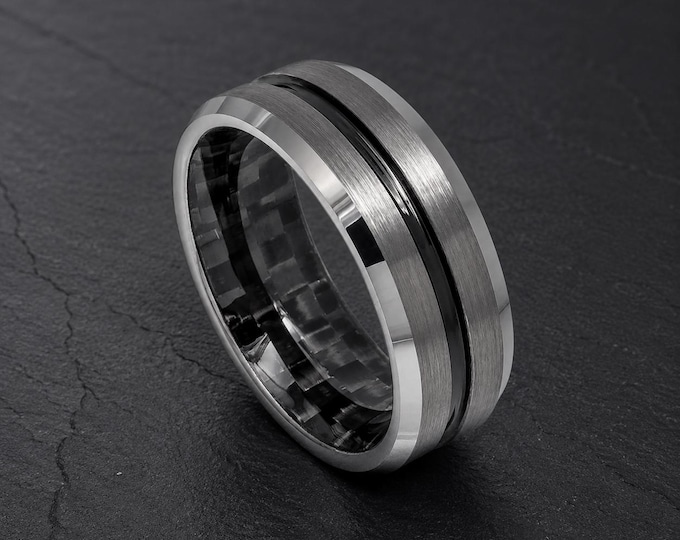 Black Tungsten Wedding Band with Carbon Fiber Inlay, Personalized Engraved Ring, Modern Matte Finish Anniversary Ring, Custom Groom Gift