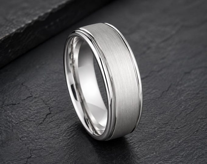 Custom Engraved Tungsten Ring 8mm Platinum Plated Wedding Band, Personalized Men's Ring, Comfort Fit Promise Band, Women's Anniversary Gift