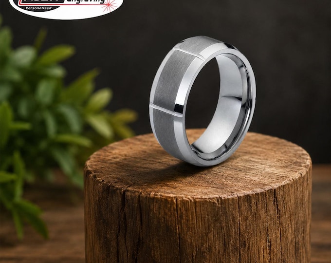 Personalized Brushed Tungsten Carbide Wedding Band, Grooved Cut Comfort Fit Ring, Custom Engraved His & Hers Promise Band, Anniversary Gift