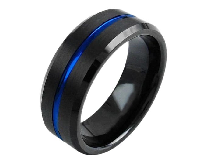Custom Engraved Black Ring, Tungsten Carbide Ring for Men, Police Officer Wedding Band with Blue Thin Line Design, Dainty Jewelry
