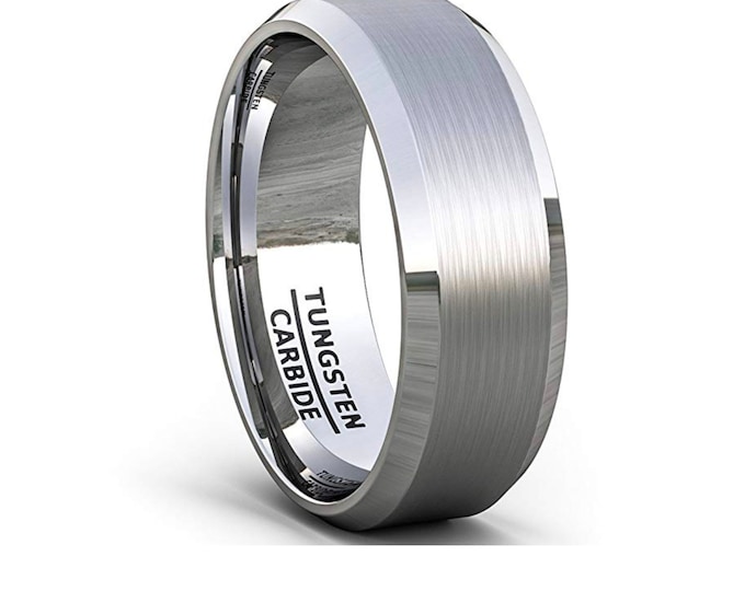 Personalized Engraving 10mm Tungsten Carbide Heavy Brushed Center BeveledEdge  | Engagement Anniversary | Wedding Band Ring for Men Or Women