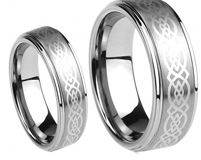 Personalized engraving  His & Hers Tungsten Carbide  Loyal Celtic Knot Stepdge | Engagement Anniversary | Wedding Band Ring for Men Or Women