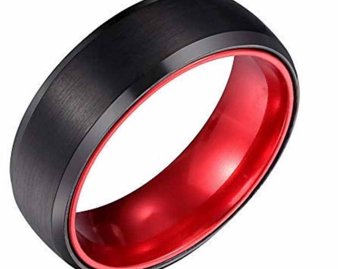 Personalized Engraving 8mm Tungsten Carbide Black Brushed Center, Shiny Beveled Red Anodized Aluminum Sleev Wedding Band Ring Men or Ladies