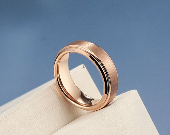 Personalized Engraving - 8mm Tungsten Carbide Brushed Rose Gold Step Edge | Engagement Anniversary | Wedding Band Ring for Men Or Women