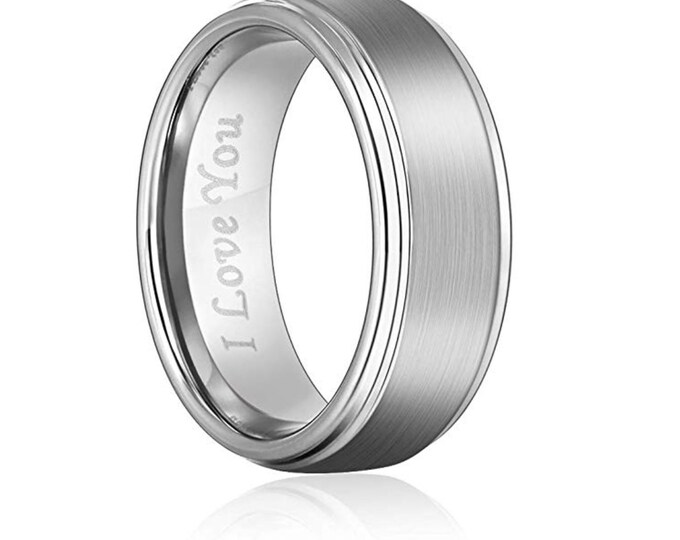 Personalized "I Love You" Tungsten Ring, 6mm/8mm Brushed Band, Custom Wedding Band for Men & Women, Engagement and Anniversary Gift