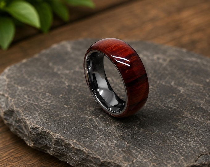 Personalized Koa Wood Titanium Wedding Band, 6mm Cherry Wood Inlay Ring, Custom Engraved Wedding Ring, Rustic Promise Band Jewelry