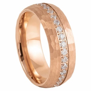 8mm Rose Gold Tungsten Carbide CZ Eternity Ring, Prong Set Round Cut Wedding Band for Men & Women, Scratch Resistant Engagement Ring