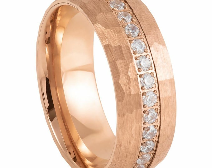 8mm Rose Gold Tungsten Carbide CZ Eternity Ring, Prong Set Round Cut Wedding Band for Men & Women, Scratch Resistant Engagement Ring