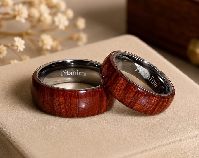 Custom Engraved Titanium Ring Set, Koa Wood Inlay Wedding Bands, Personalized His and Hers Rings, Matching Couples Bands, Comfort Fit Gift