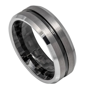 8mm Black Tungsten Ring, Custom Engraved Dainty Ring, Carbon Fiber Inlay Ring, Grooved & Beveled Men’s Wedding Band, Shiny IP Finish Ring