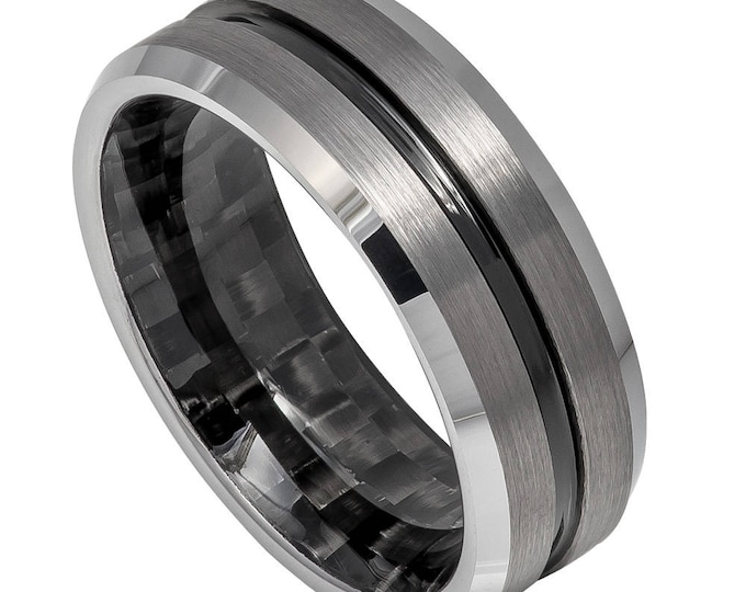 8mm Black Tungsten Ring, Custom Engraved Dainty Ring, Carbon Fiber Inlay Ring, Grooved & Beveled Men’s Wedding Band, Shiny IP Finish Ring