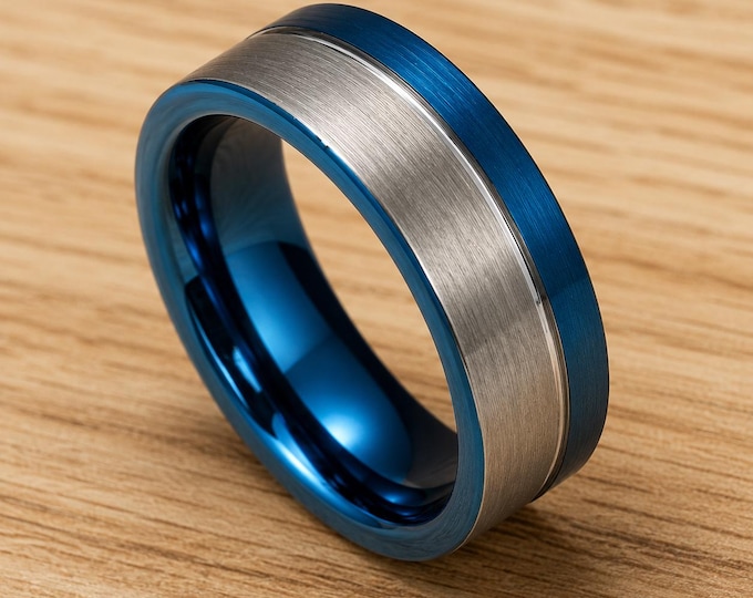 8mm Blue Groove Ring, Tungsten Carbide Wedding Band, Brushed Finish Mens Ring, Unique Blue Inlay Ring, Durable Comfort Fit Groom Ring